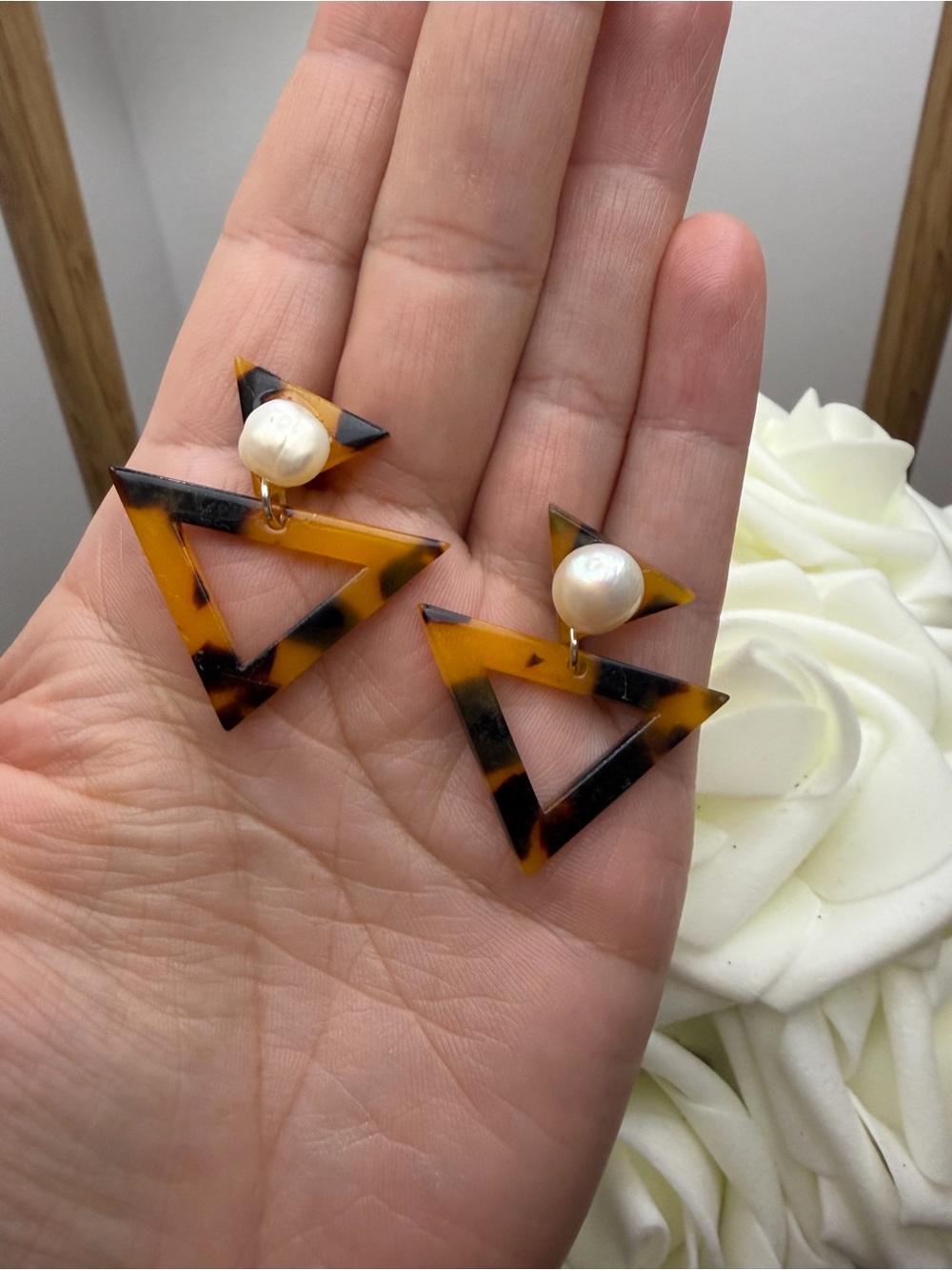 Tortoiseshell Triangle Drop Earrings with Pearl Accent - Yellow Brown